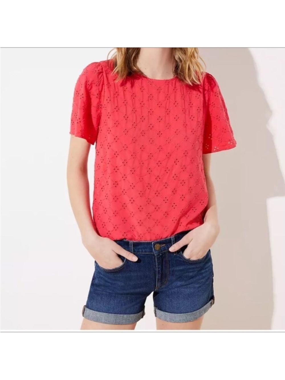 LOFT Eyelet Puff Sleeve Blouse - Coral